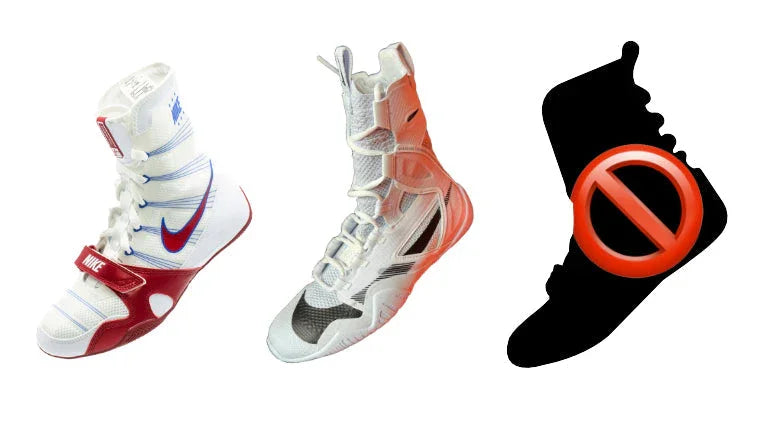 Three different high-top boxing shoes, two in white with colored accents and one black silhouette with a prohibition symbol, showing comparison of boxing footwear styles.