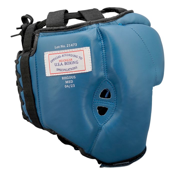 Blue USA Boxing approved open face headgear with ventilation holes and adjustable straps
