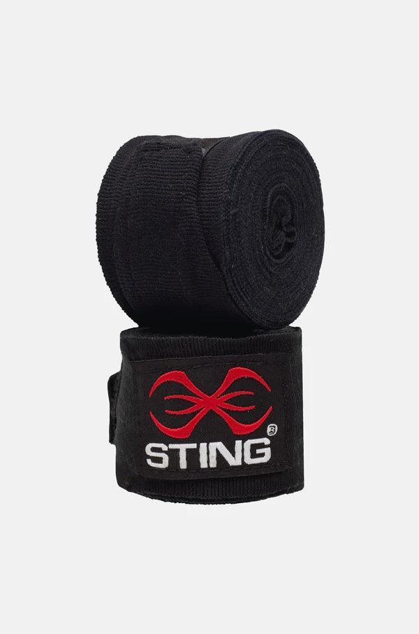 Two rolls of black boxing hand wraps with a Sting logo on a white background