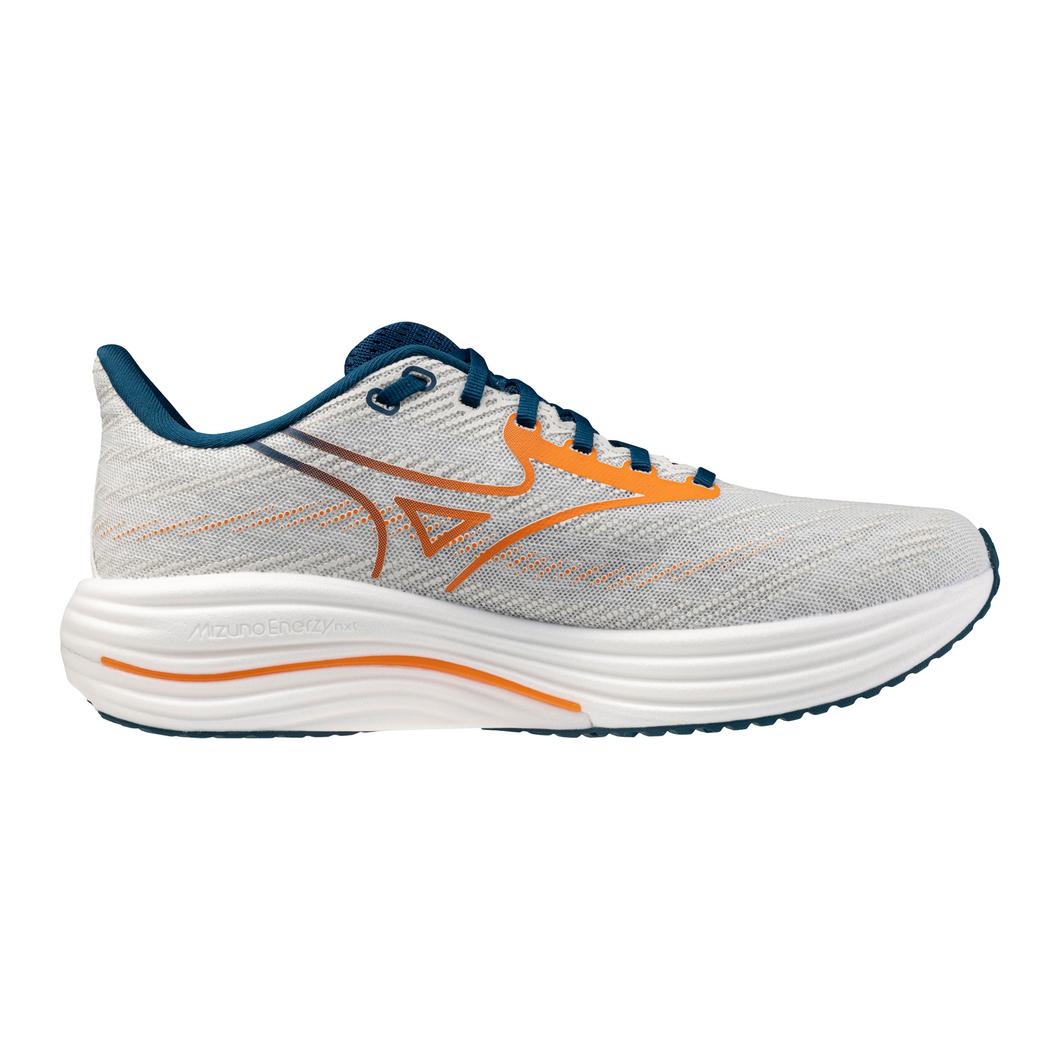 Gray running shoe with orange accents on a white background