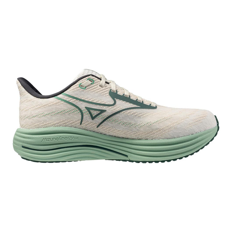 White and green running shoe with brand logo on a white background