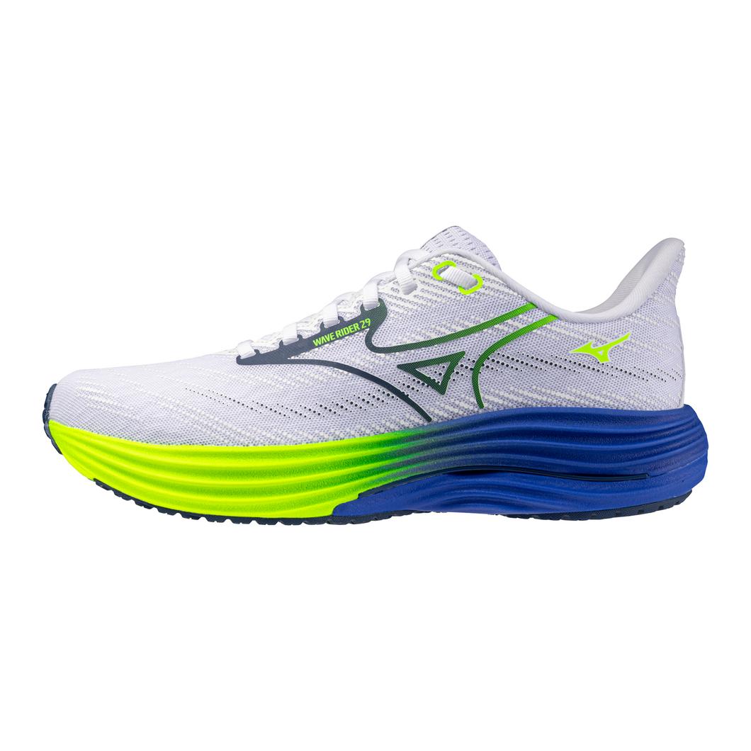 White running shoe with green and blue sole on a white background