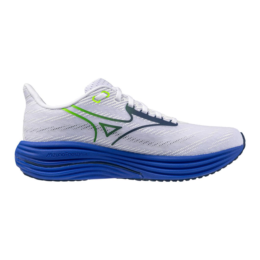 White running shoe with blue sole on a white background