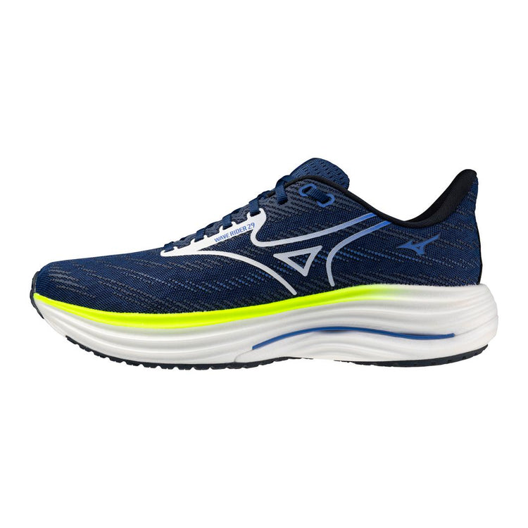 Blue running shoe with white and yellow sole on a white background