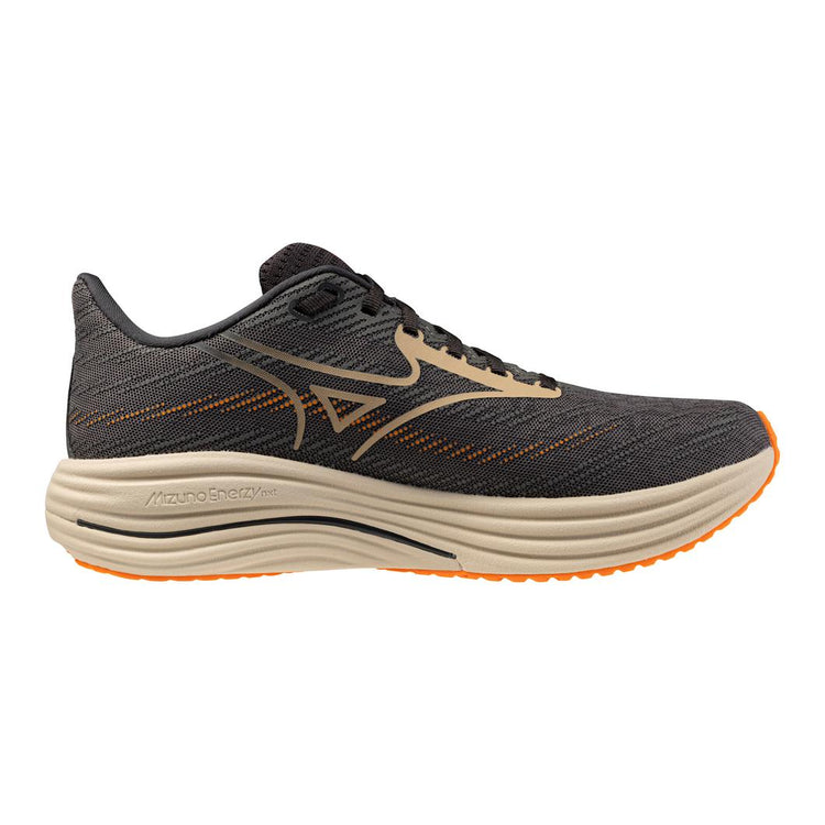 Black and orange running shoe on a white background