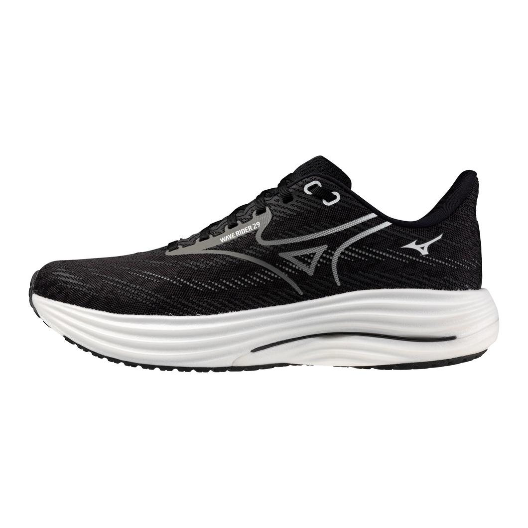 Black running shoe with white sole on a white background