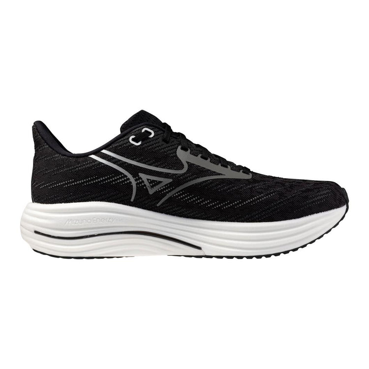 Black running shoe with white sole on a white background