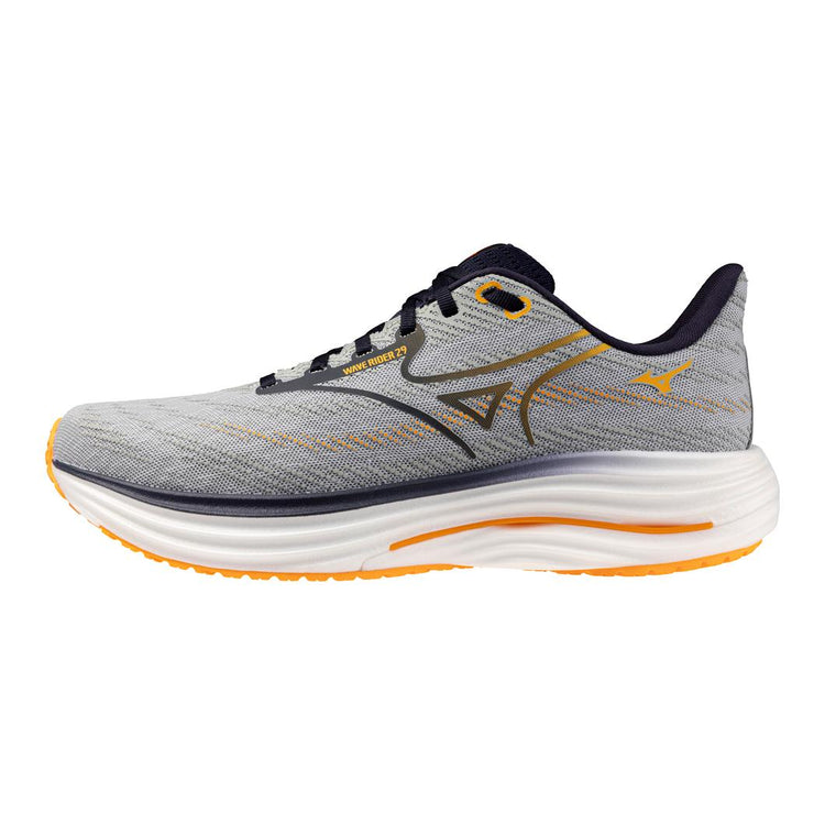 Gray running shoe with orange sole on a white background
