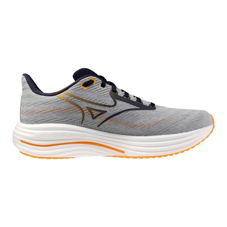 Gray running shoe with orange accents on a white background