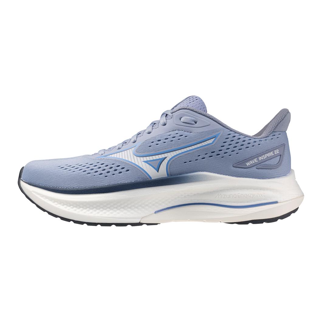 Blue running shoe with white sole on a white background