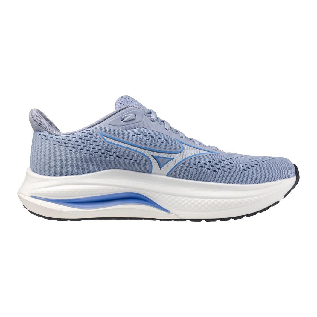 Blue running shoe with white sole on a white background