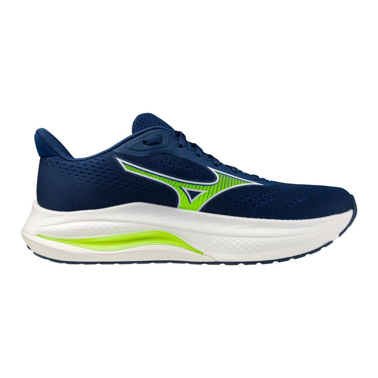 Navy running shoe with green accents on a white background