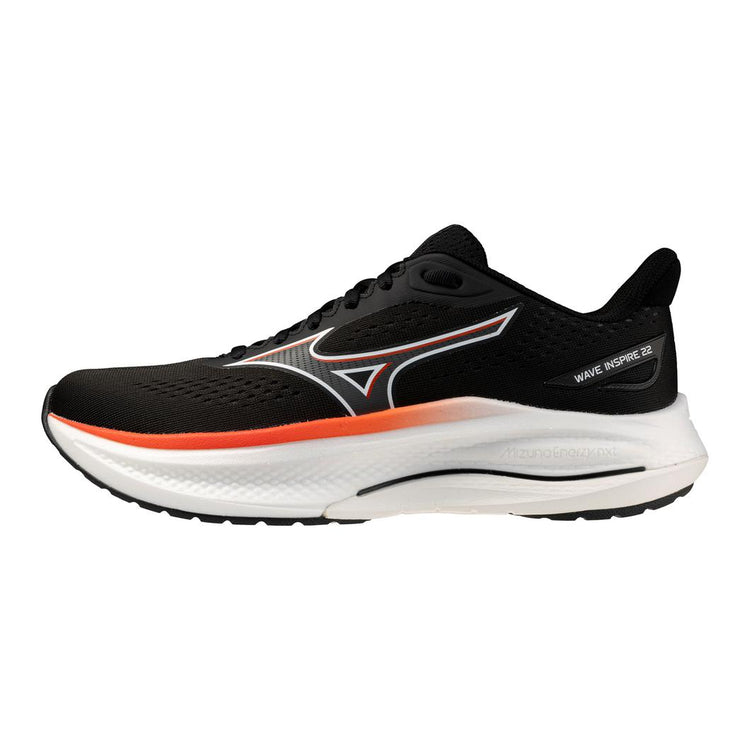 Black and orange running shoe with brand logo on a white background