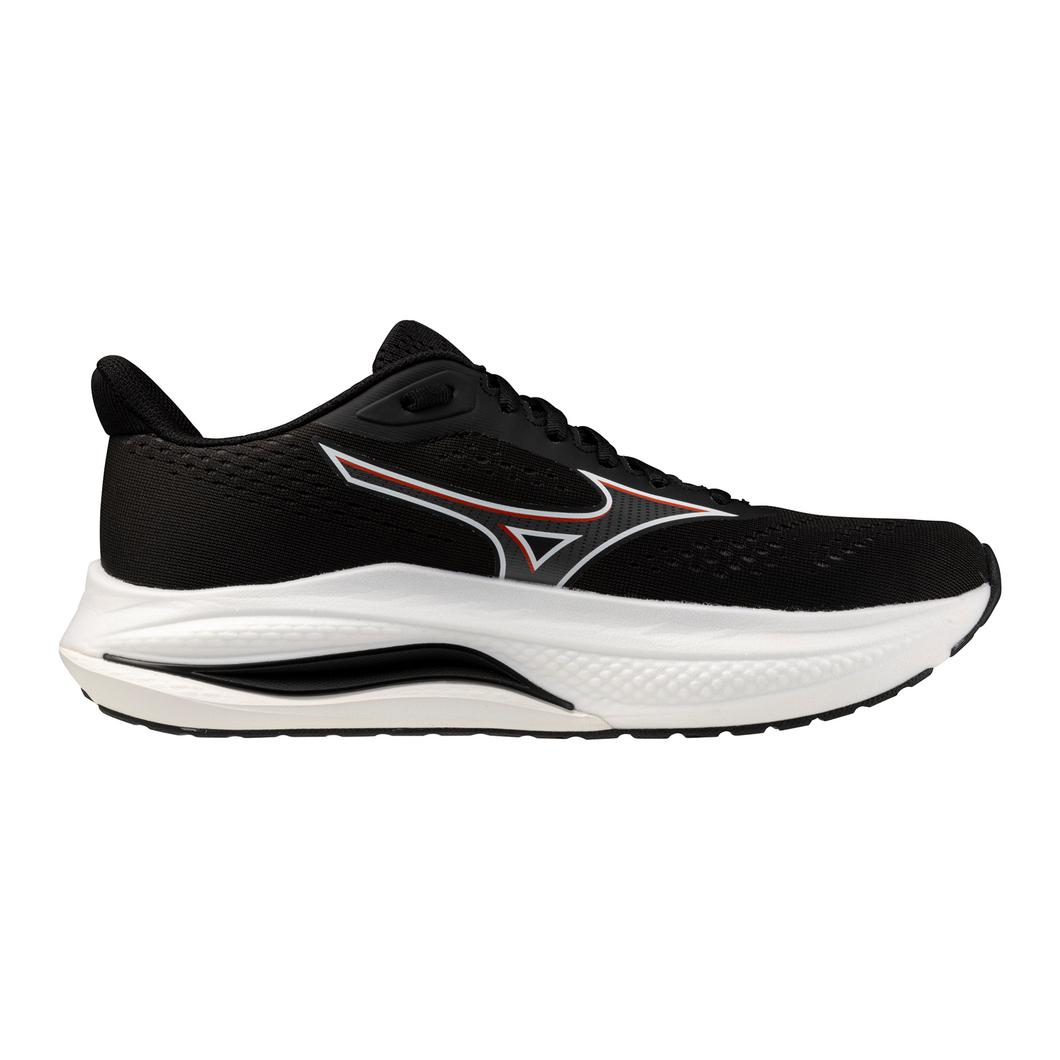 Black running shoe with white sole on a white background