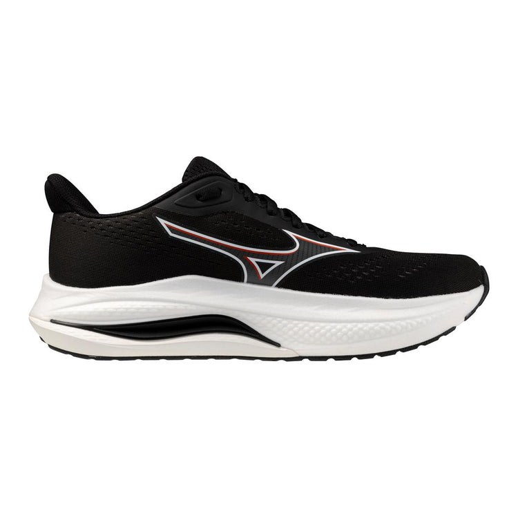 Black running shoe with white sole on a white background