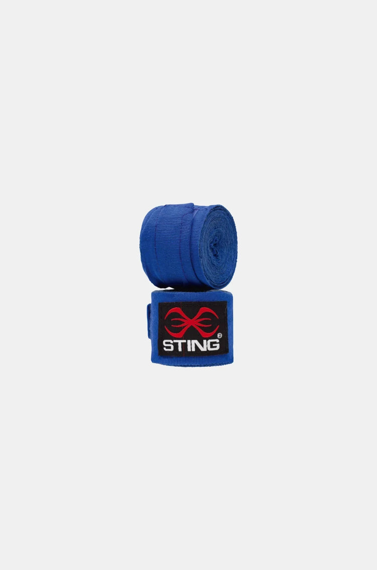 Blue boxing hand wraps with Sting logo on a white background