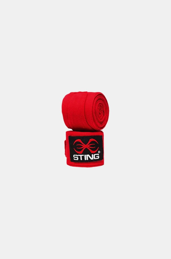 Two rolls of red boxing hand wraps with Sting logo on a white background