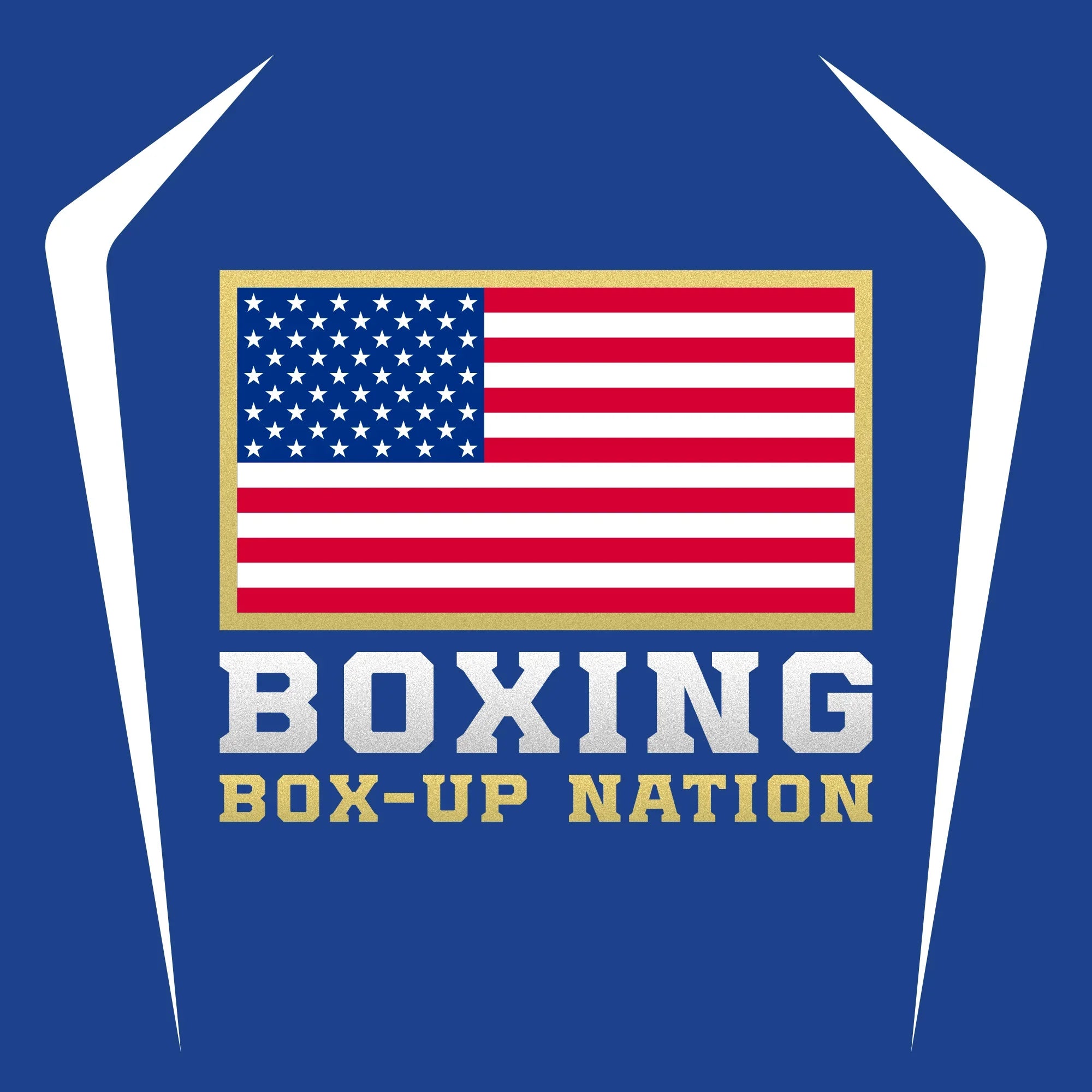 USA flag and text 'Boxing Box-Up Nation' on blue boxing jacket design