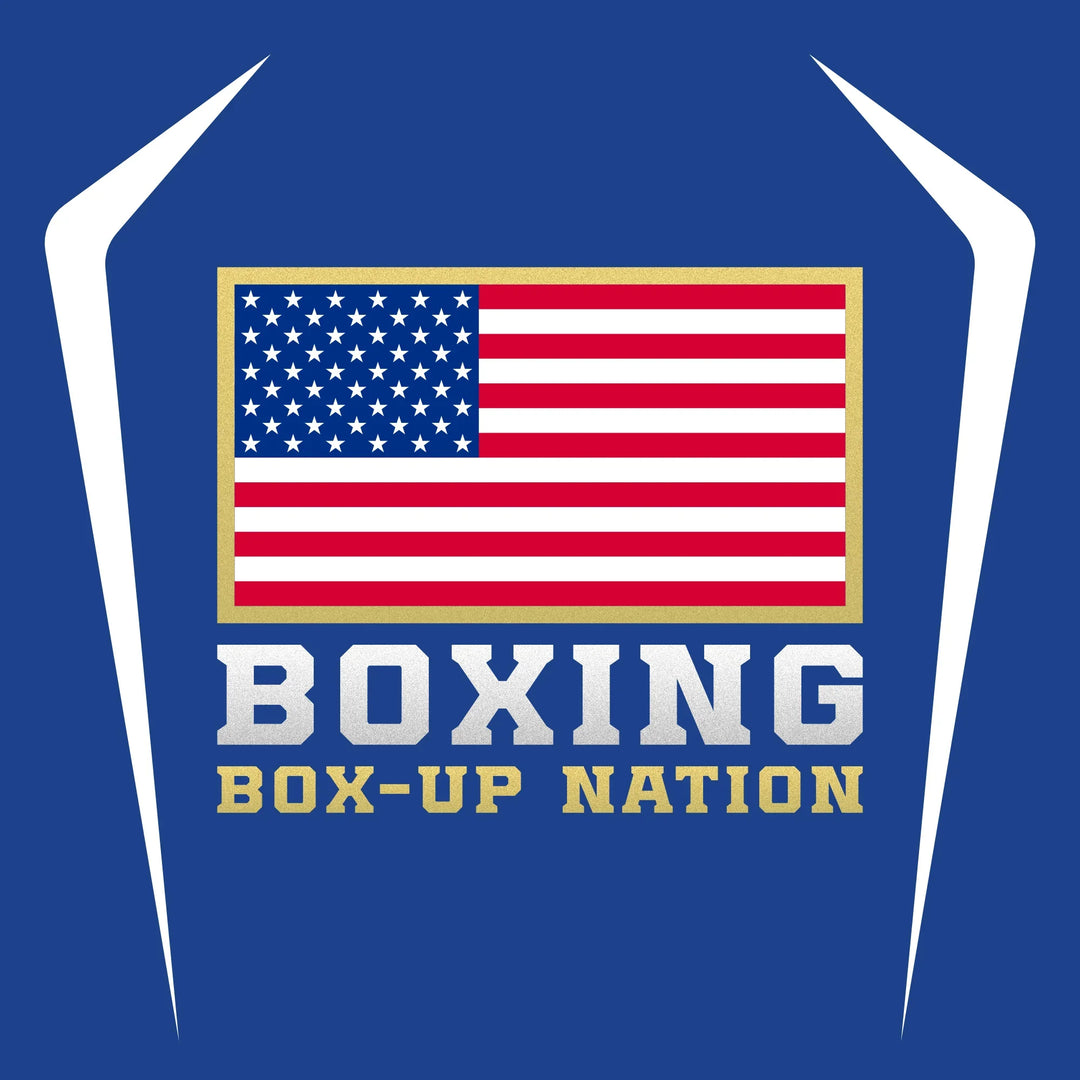 USA flag boxing graphic with 'Boxing Box-Up Nation' text on blue athletic jacket background