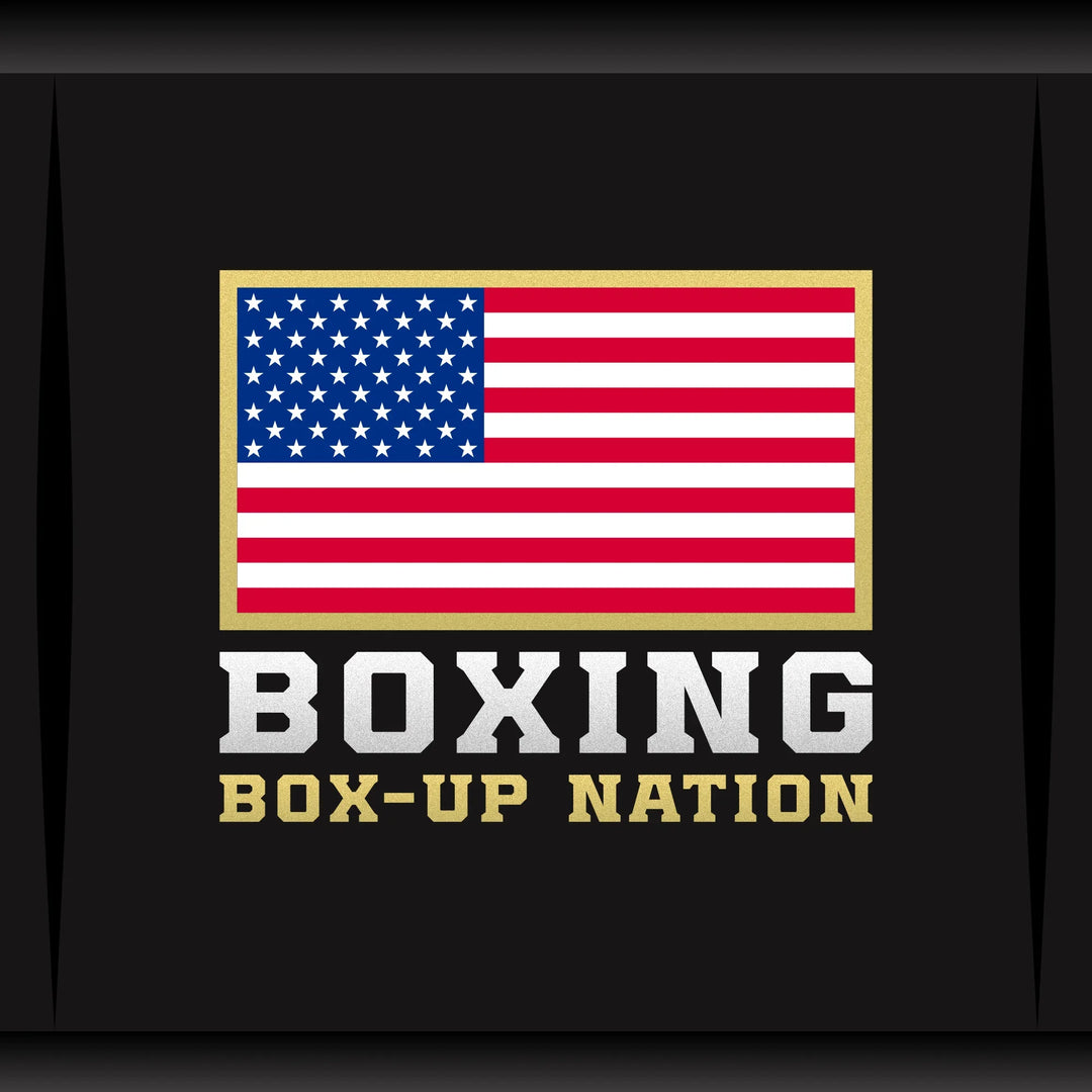 USA flag with gold border above 'Boxing Box-Up Nation' text on black fabric background.