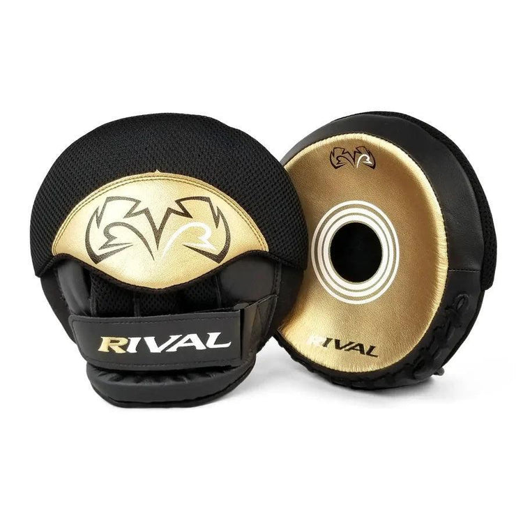 Black and gold Rival boxing mitts with mesh backing, logo, and target circles for training.