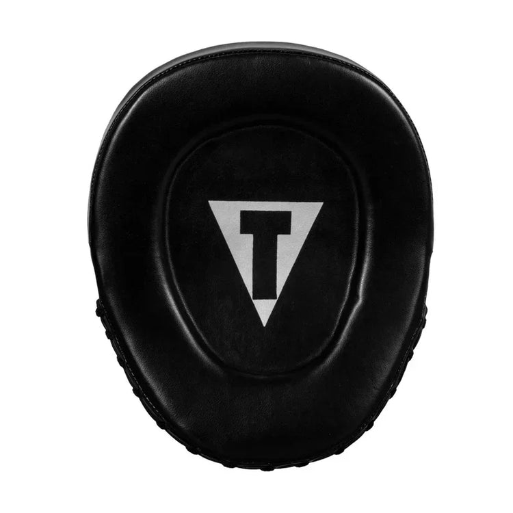Black boxing focus mitt with a white triangle logo, pro-grade training equipment