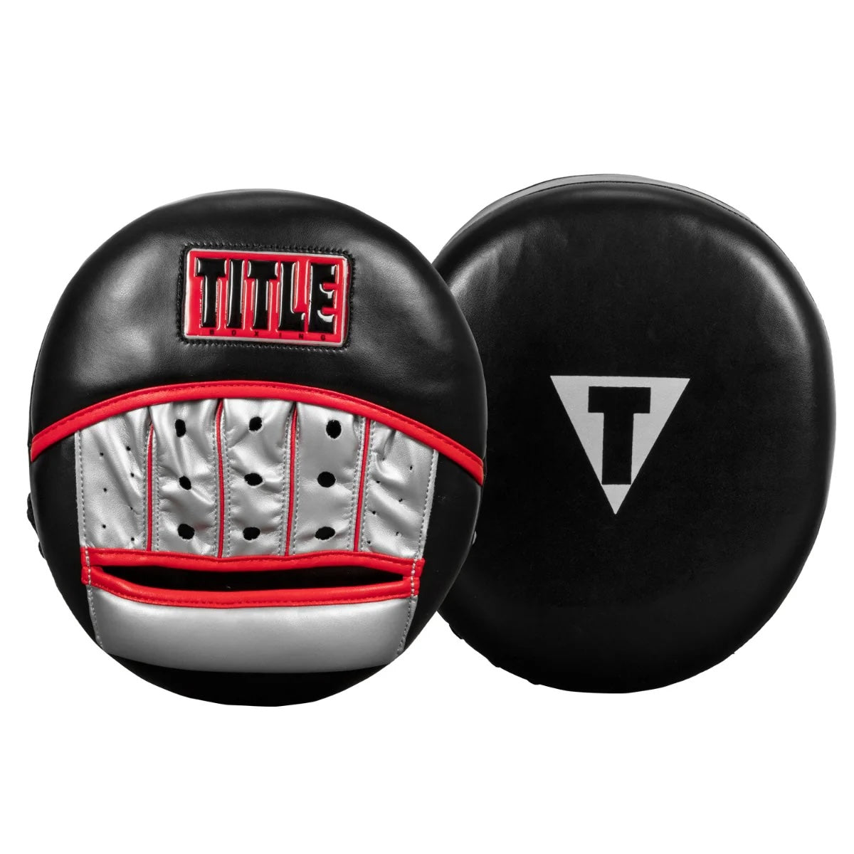 Pair of black boxing mitts with red and gray accents on a white background